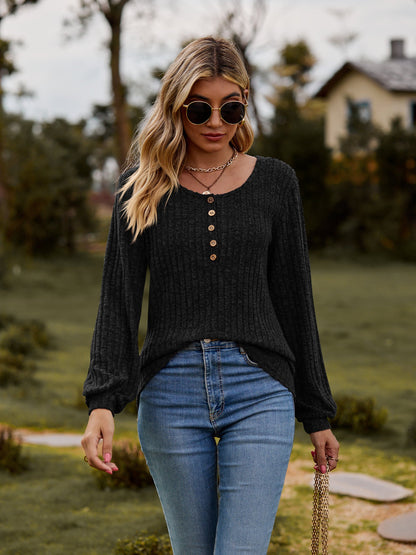 Round Neck Button-Down Long Sleeve Tee - -