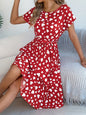 Heart Print Short Sleeve Tie Waist Dress - Deep Red -