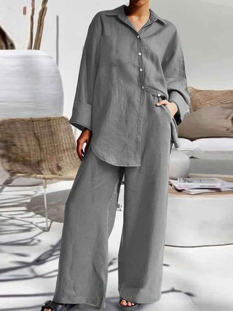 Long Sleeve Cotton Linen Shirt and Loose Pants Two Piece Set Loungewear Set