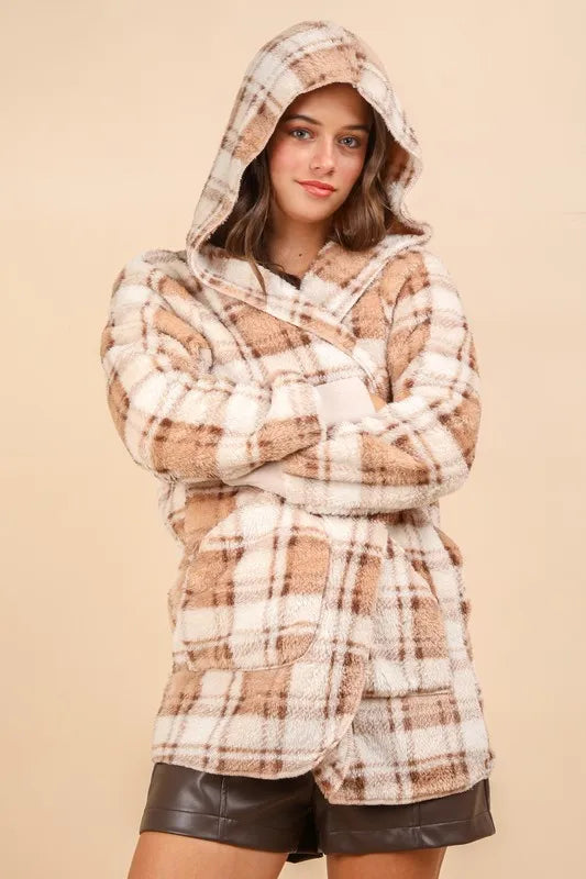 VERY J Fuzzy Plaid Long Sleeve Hooded Jacket - -