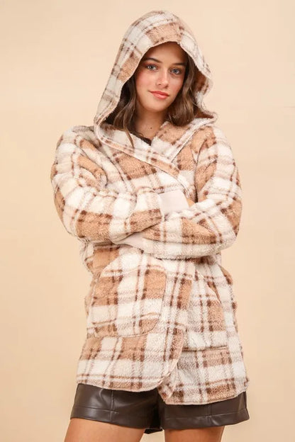 VERY J Fuzzy Plaid Long Sleeve Hooded Jacket - -