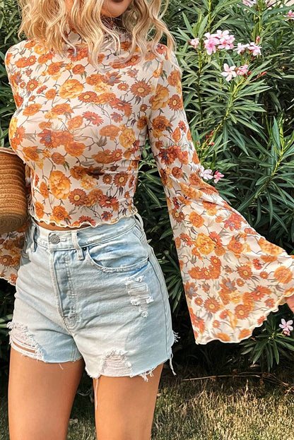Orange Floral Printed Bell Sleeve Mock Neck Scallop Trim Blouse - - Tops/Blouses & Shirts