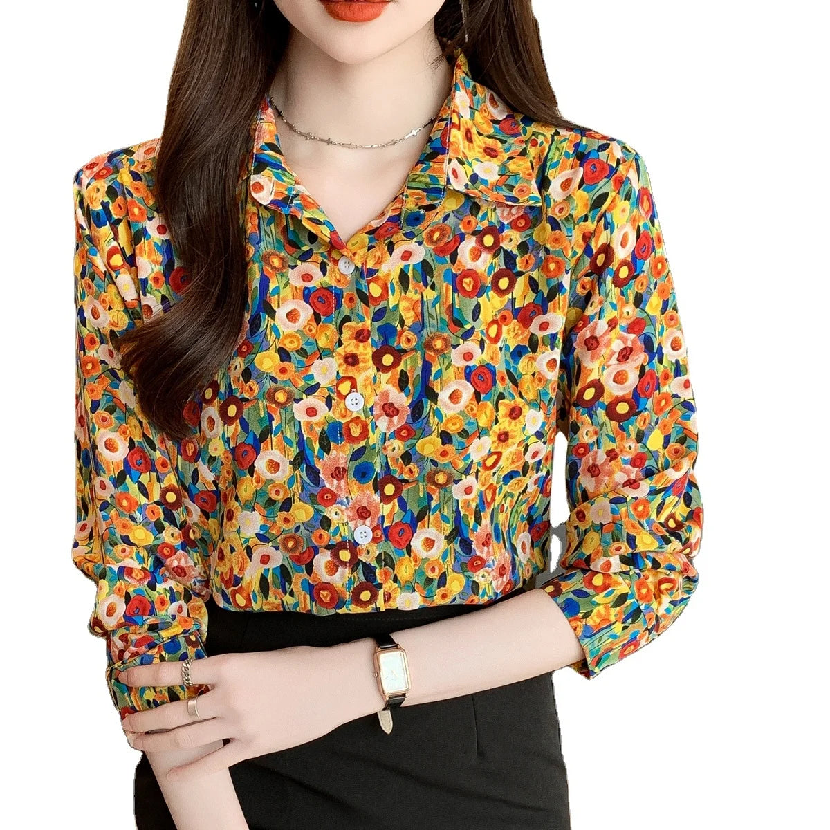 Women's Chiffon Vintage Abstract Print Button Up Loose Shirts Long Sleeve