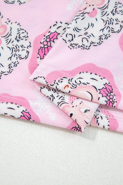 Pink Santa Claus Print V Neck Tee Drawstring Pants 2pcs Lounge Set - - Loungewear & Sleepwear/Loungewear