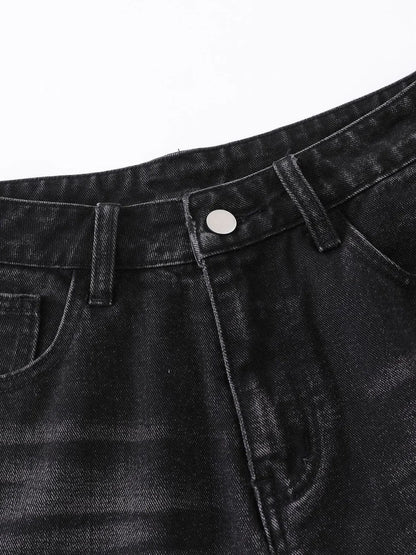 Men's Distressed Denim Shorts with Plaid Patches - -