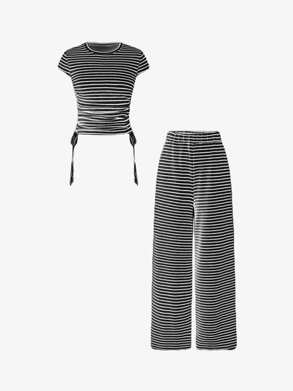 Striped Crop Top and Wide Leg Pants Set- Shopimist- {{Product type}}