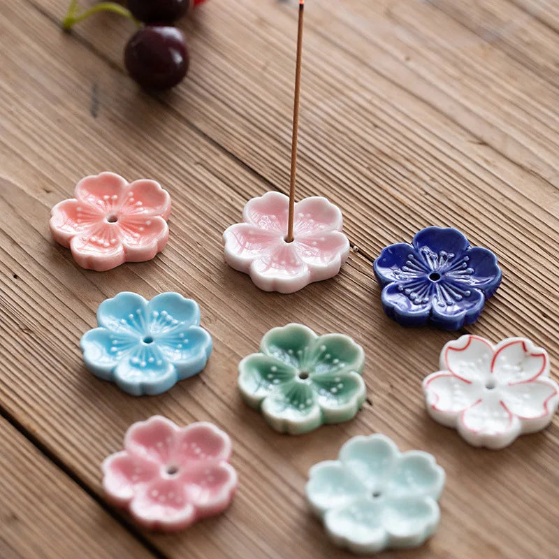 Cherry Blossom Incense Burner Home Ceramic Decor Stick Holder Aromatherapy