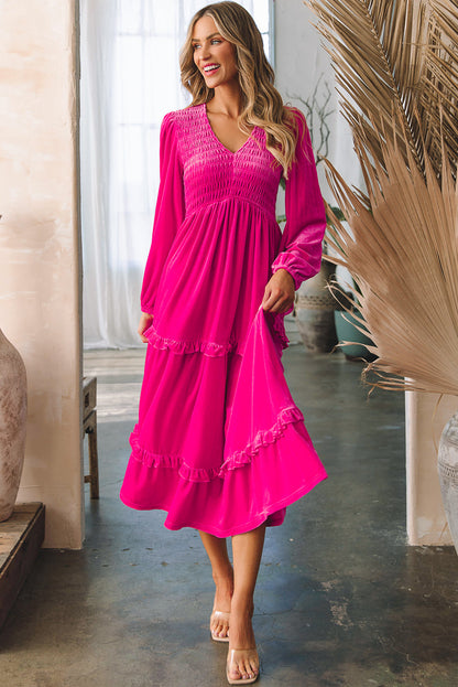 Rose Red Shirred V Neck Long Sleeve Velvet Dress - - Dresses/Maxi Dresses