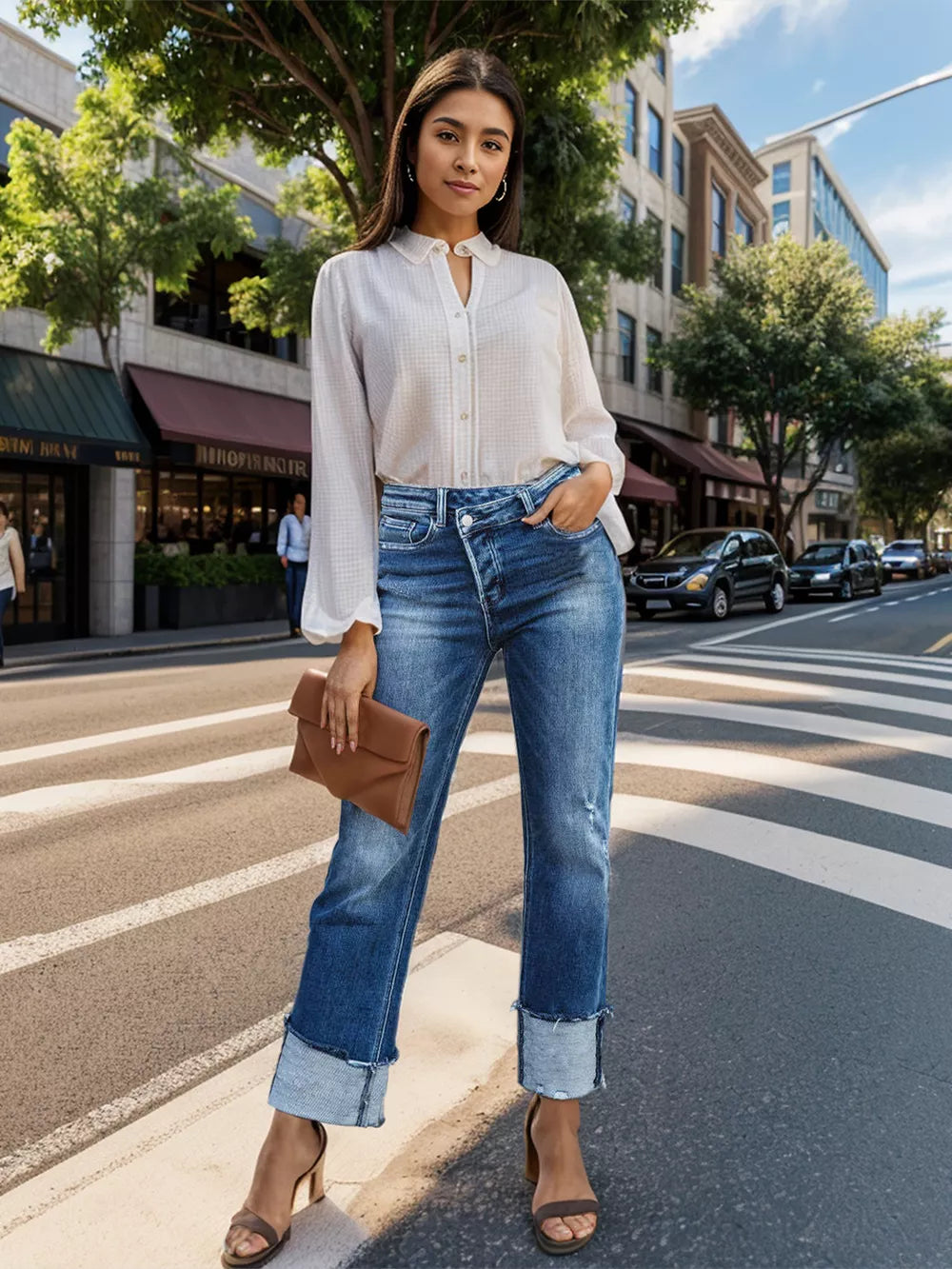 Stepped Waist Raw Hem Rolled Straight Jeans - -