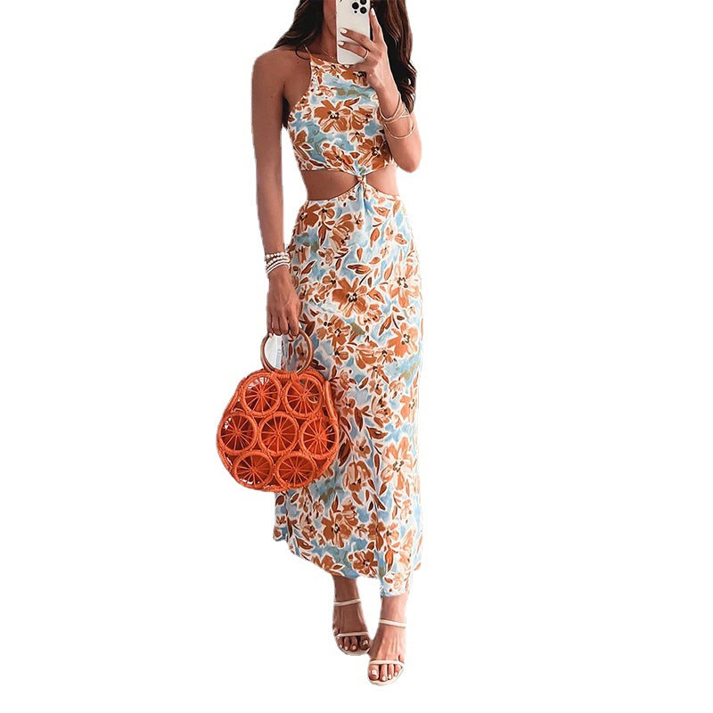 Chic Floral Halter Maxi Dress - - dress