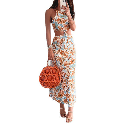 Chic Floral Halter Maxi Dress - - dress
