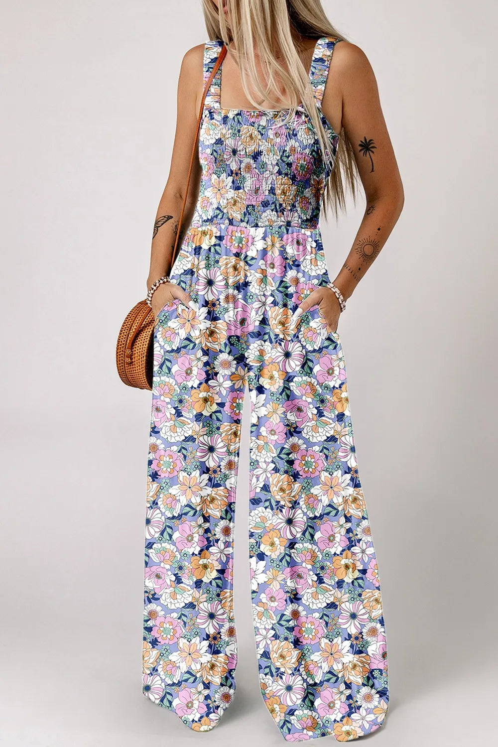 Floral Print Smocked High Waist Square Neck Jumpsuit - Lavender -