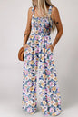 Floral Print Smocked High Waist Square Neck Jumpsuit - Lavender -