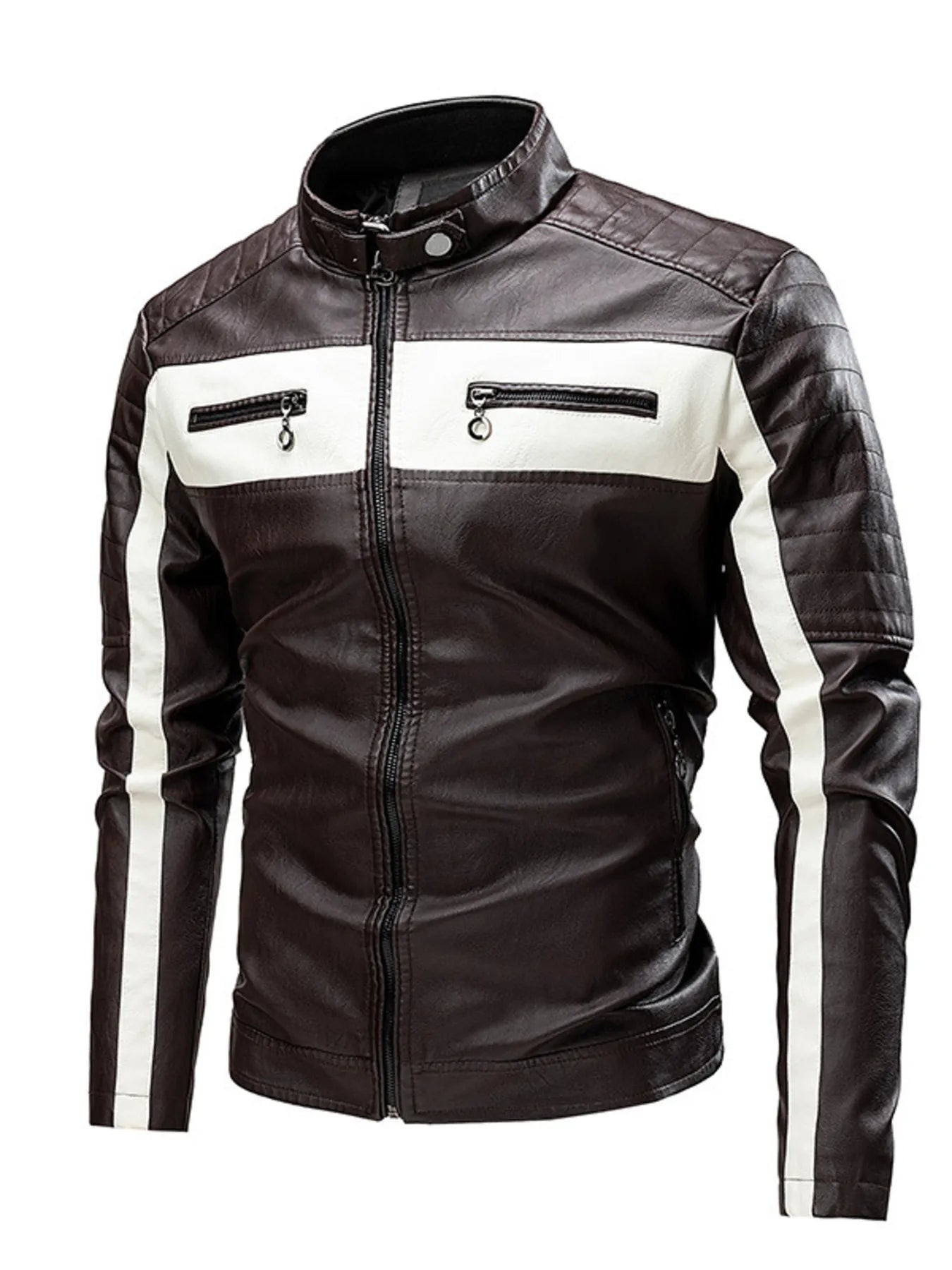 Men's Plus Size Contrast Zip Up Long Sleeve Jacket - Coffee Brown -