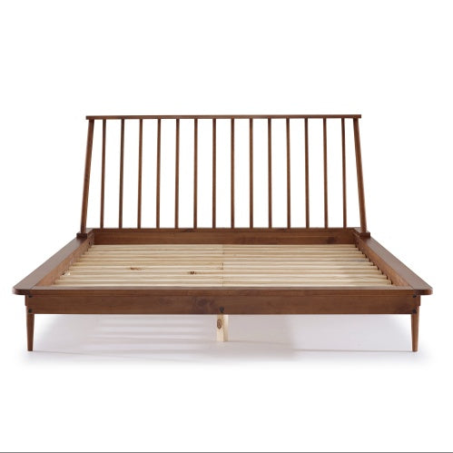 Mid-Century Modern Solid Wood Queen Platform Bed Frame With Spindle Headboard - Caramel - - bed frame
