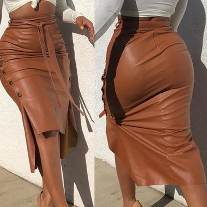 Mid-Length Wrap PU Leather Skirt for Women High-Waisted Slit Slim Half Skirt