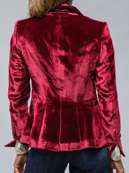 Velvet Lapel Collar Button Up Blazer - -