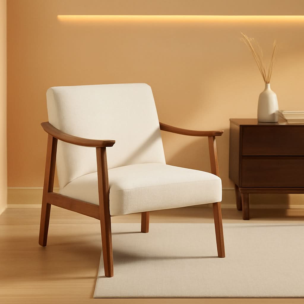 Mid Century Ivory Accent Chair With Wood Legs Boucle Upholstery- ShipItFurniture- {{Product type}}