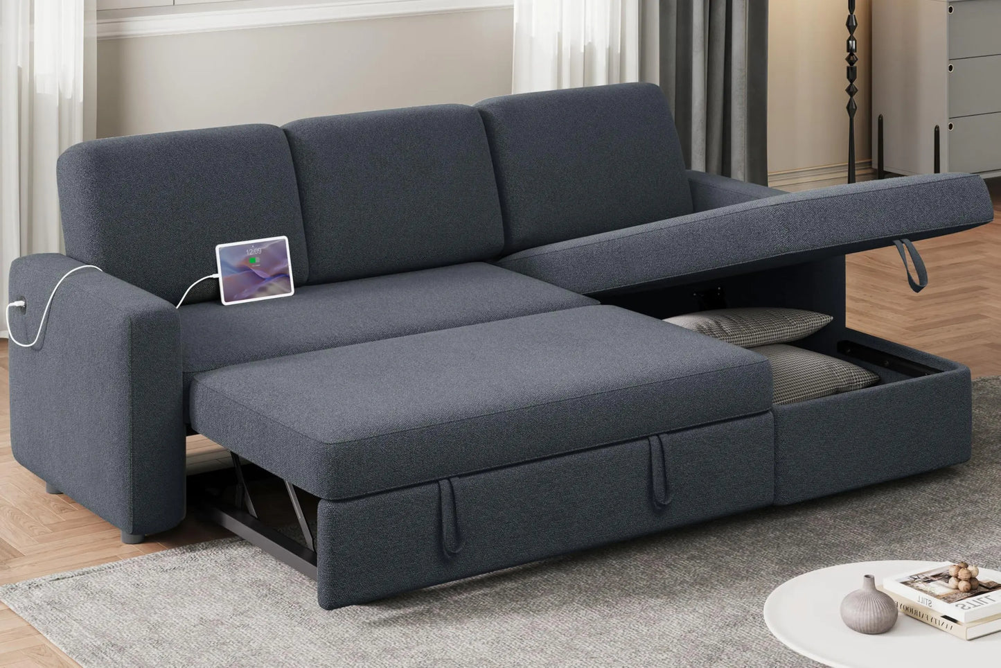 Yaheetech Sectional L-Shaped Sofa w/Chaise USB Reversible Couch Sleeper w/Pull Out Bed - Dark Gray 51.5D X 80.5W X 33.5H" - sofa
