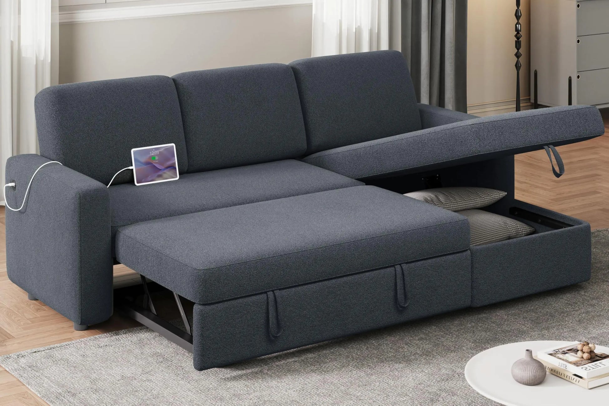 Yaheetech Sectional L-Shaped Sofa w/Chaise USB Reversible Couch Sleeper w/Pull Out Bed - Dark Gray 51.5D X 80.5W X 33.5H" - sofa