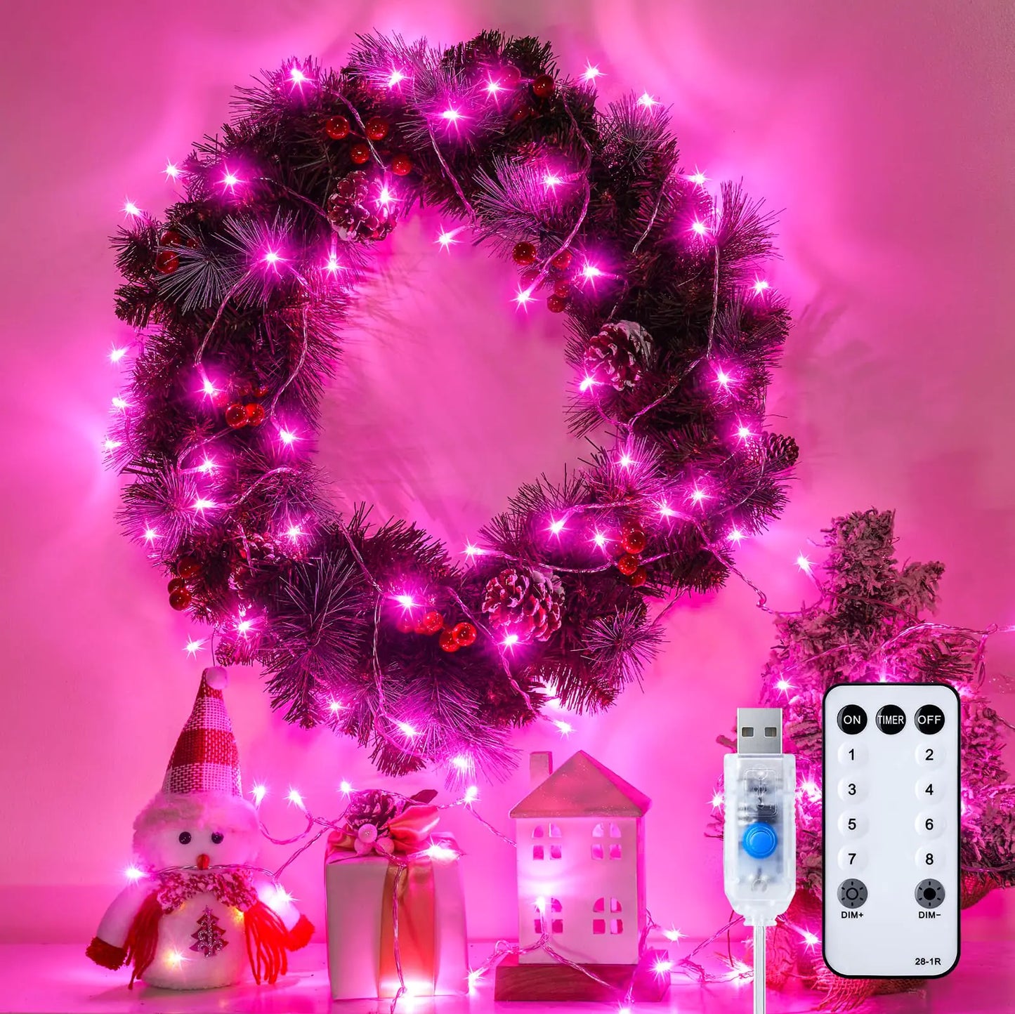 Minetom 100 LED String Lights - 39.5 Ft USB Plug in Twinkle Fairy Lights with 8 Modes and Remote Indoor String Lights for Bedroom Classroom Christmas Tree Party Wedding Decorations Pink