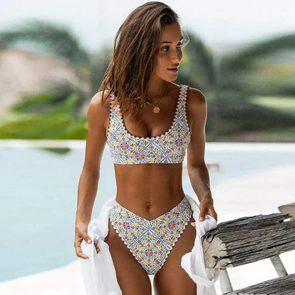 Womens Printed Bikini High Waist Swimsuit yellow pink white Extra Large