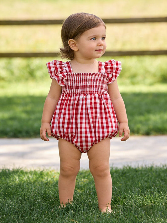 Summer Plaid Smocked Ruffle Girl Romper Sibling Outfits - - Romper
