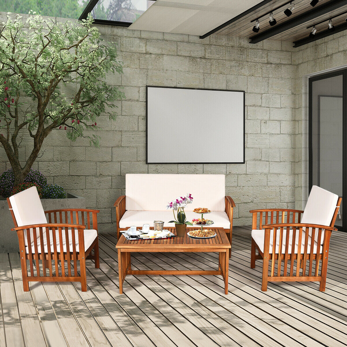 4 Pieces Patio Solid Wood Furniture Set- DirectDeals- {{Product type}}