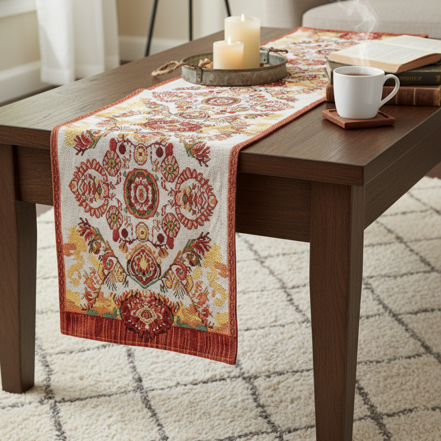 Tache Elegant Burgundy Ornate Paisley Woven Tapestry Table Runner (18194) - - Table Runner