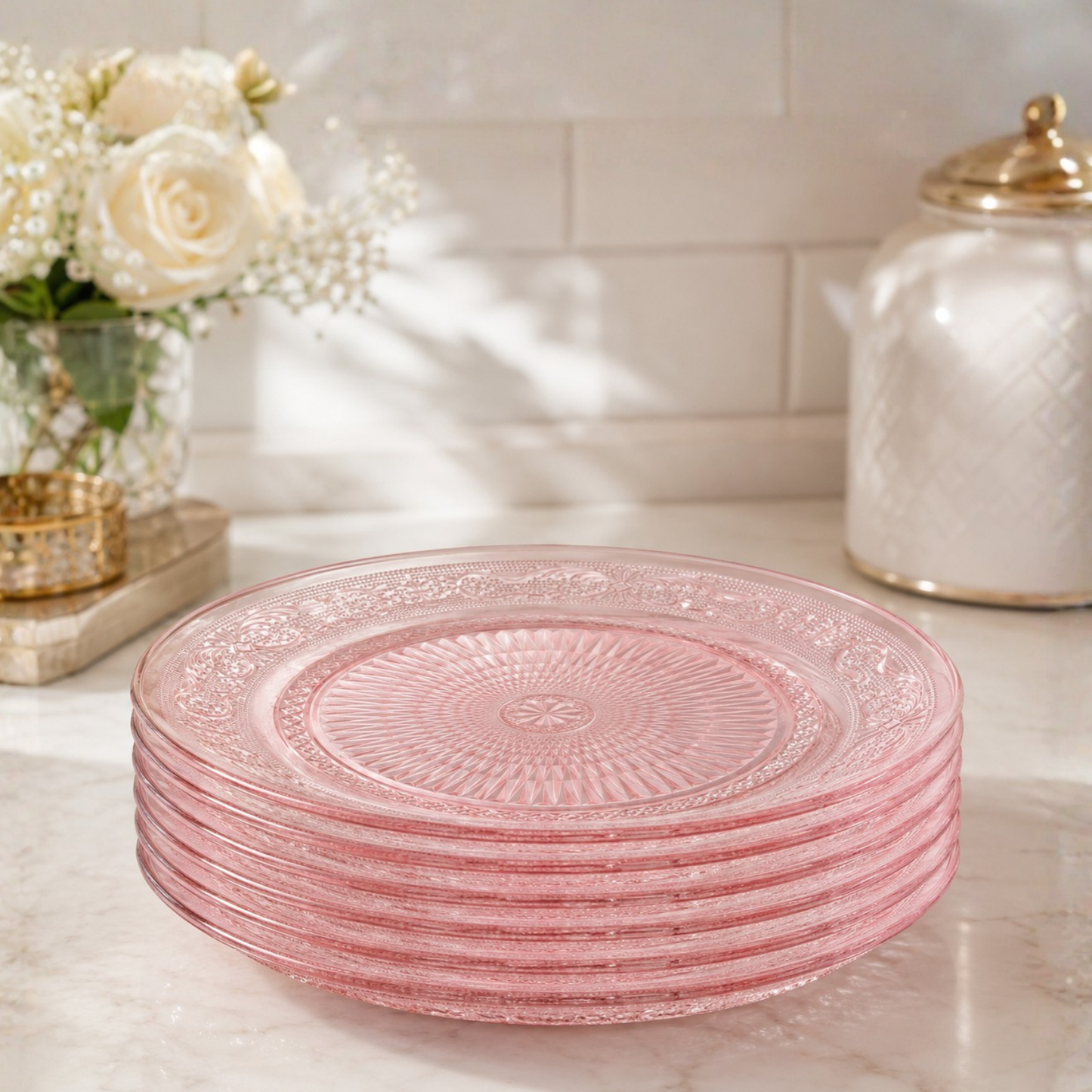 Blush Vintage Glass Plate, Set of 6 - - Plate