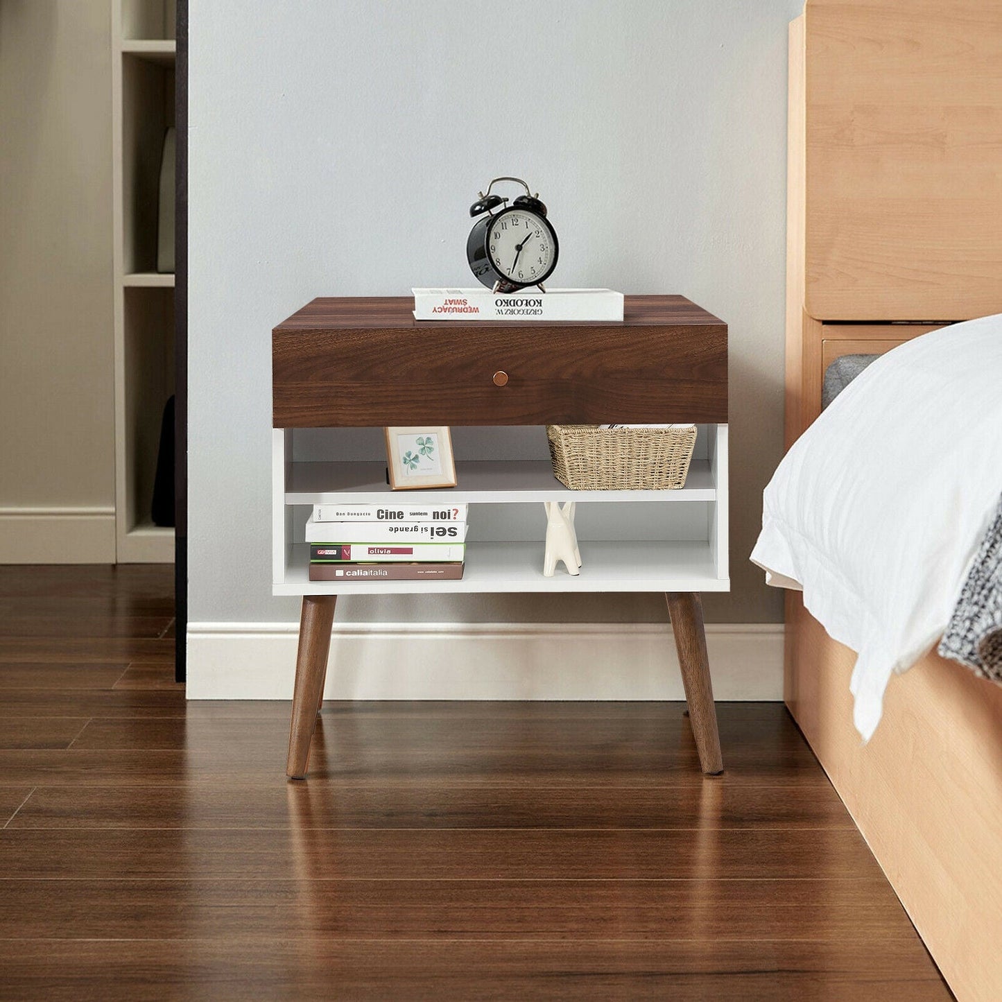 Mid-Century Nightstand with Drawer and Rubber Wood Legs- DirectDeals- {{Product type}}