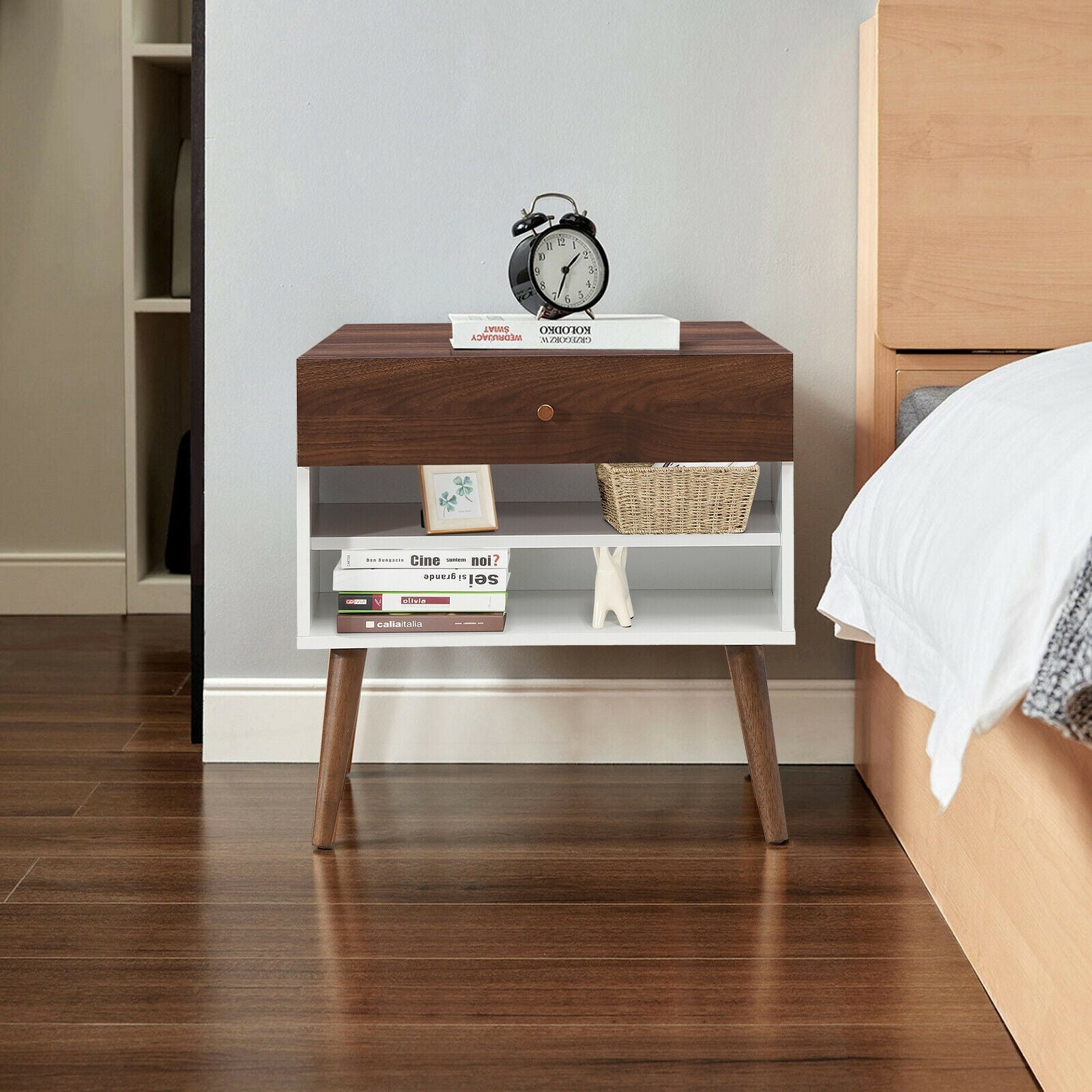 Mid-Century Nightstand with Drawer and Rubber Wood Legs- DirectDeals- {{Product type}}