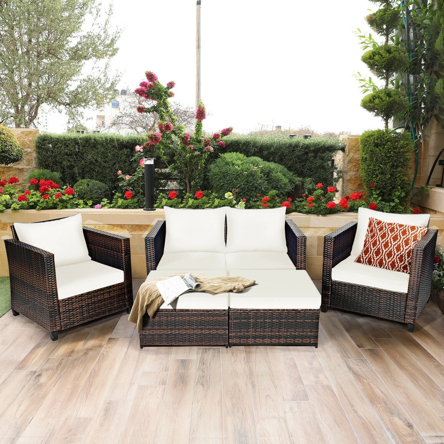 5 Pieces Patio Cushioned Rattan Furniture Set- DirectDeals- {{Product type}}