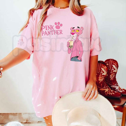 Pink Panther Bubble Tea Graphic T-Shirt – Cute Boba Cartoon Unisex Cotton Tee - - T-Shirt