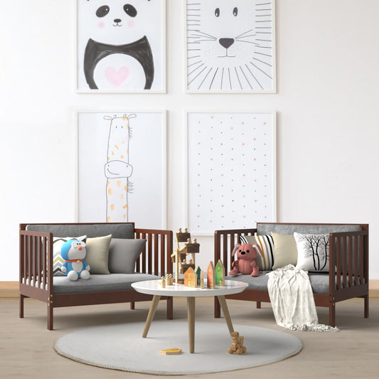 2-in-1 Convertible Kids Wooden Bedroom Furniture with Guardrails - - bed frame