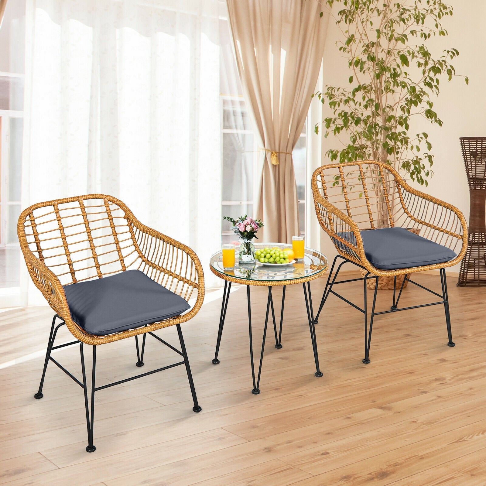 3 Pieces Rattan Furniture Set with Cushioned Chair Table- DirectDeals- {{Product type}}