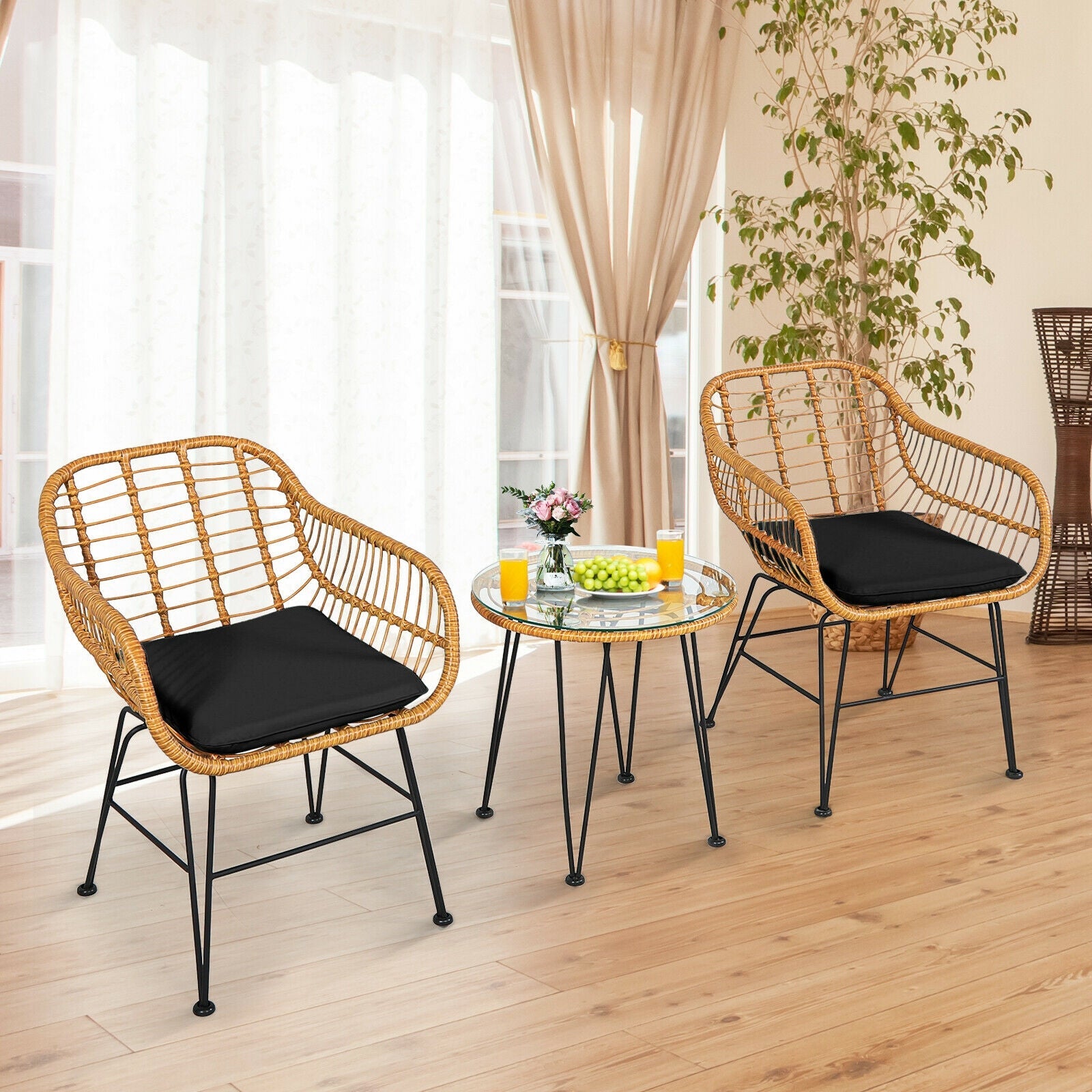 3 Pieces Rattan Furniture Set with Cushioned Chair Table- DirectDeals- {{Product type}}