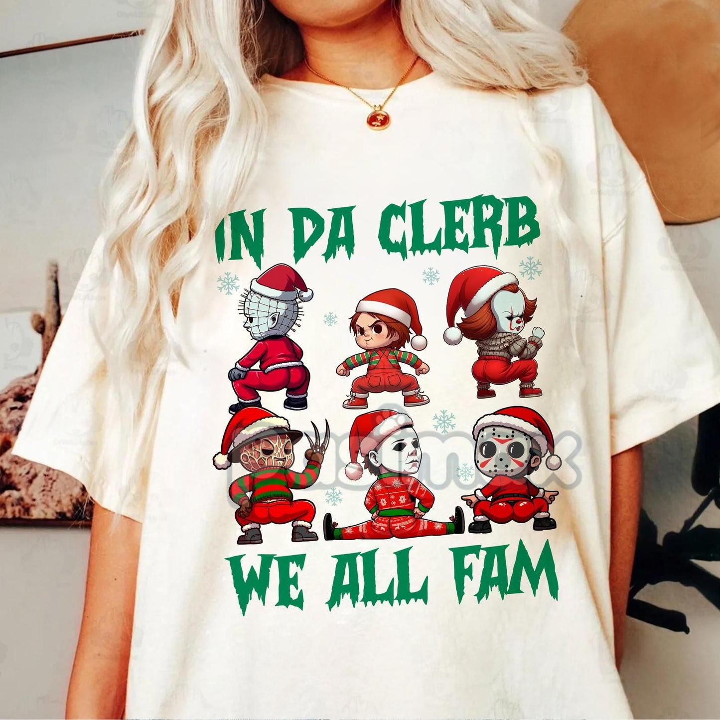 Merry Creepmas T-Shirt - Christmas Halloween Movies Characters Tee, Chibi Movie Characters Shirt - Natural 3 - T-Shirt