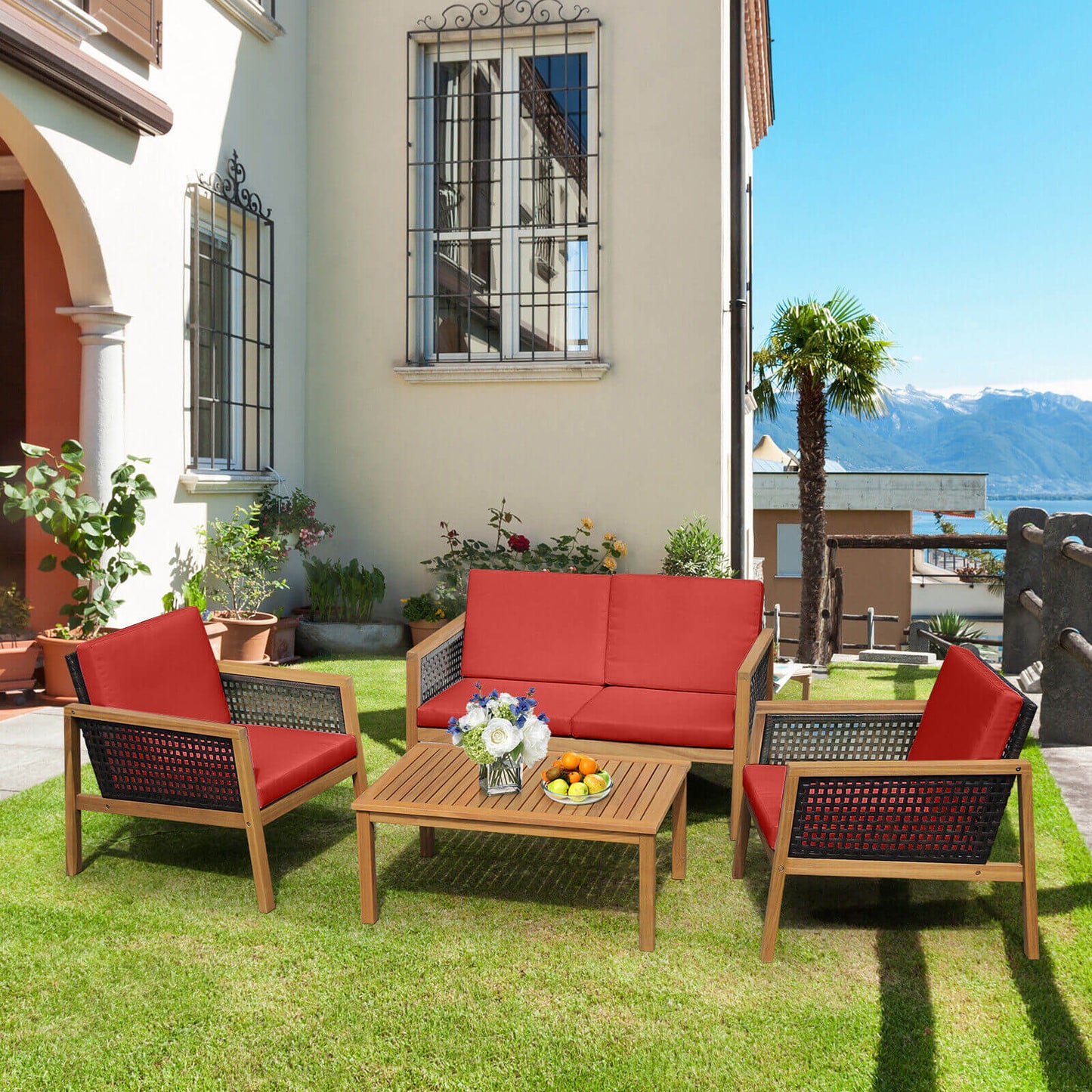 4 Pieces Patio Rattan Furniture Set with Removable Cushions- DirectDeals- {{Product type}}