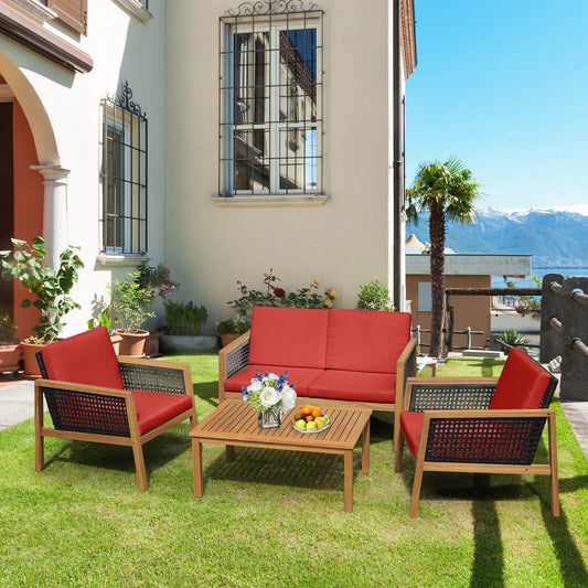 4 Pieces Patio Rattan Furniture Set with Removable Cushions - - patio set