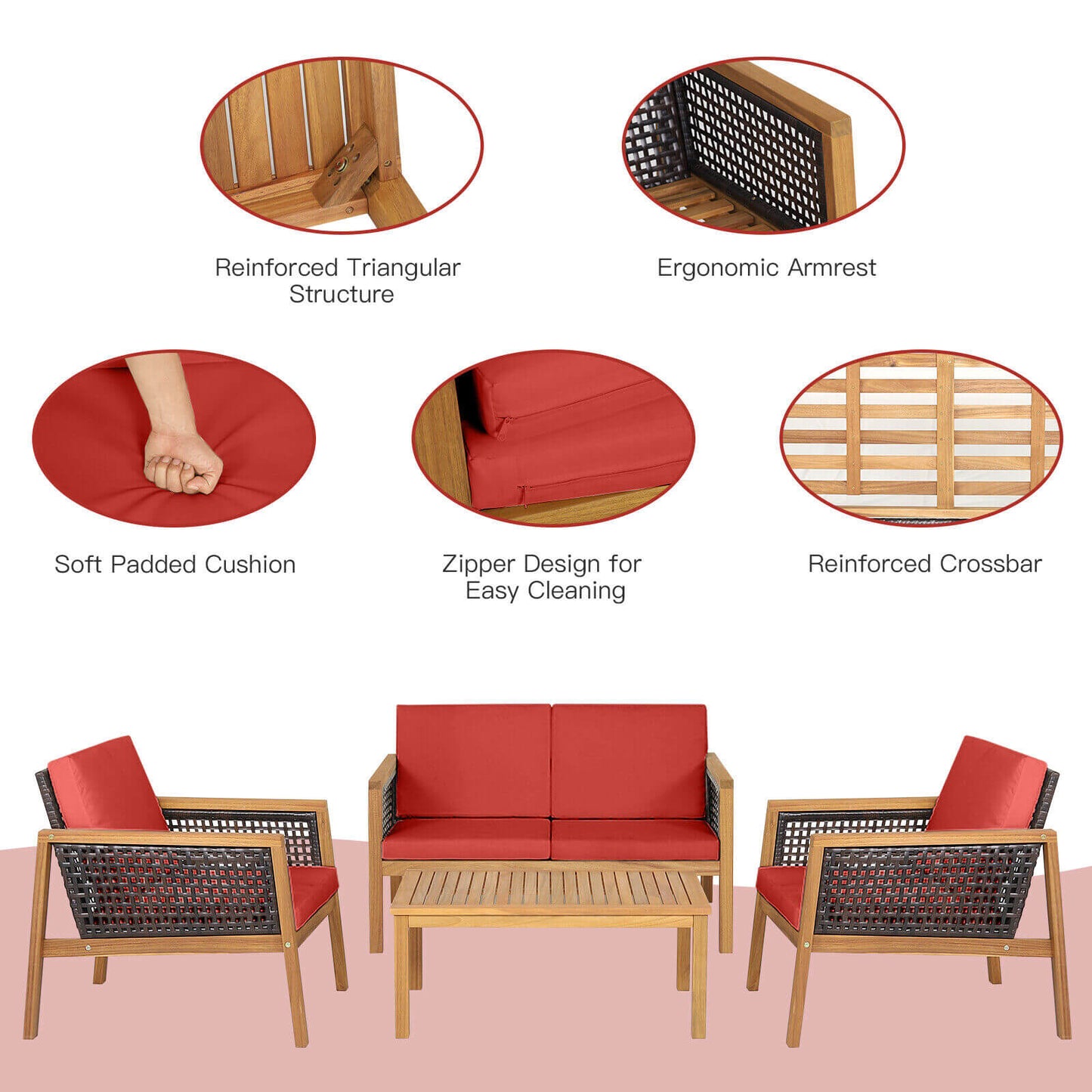 4 Pieces Patio Rattan Furniture Set with Removable Cushions- DirectDeals- {{Product type}}