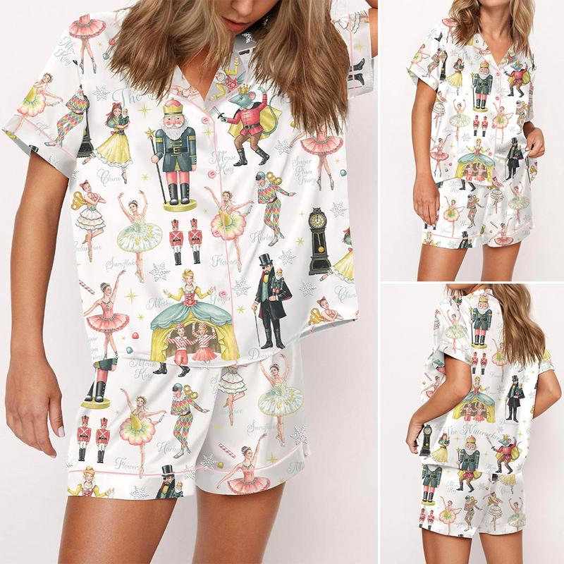 Nutcracker Ballet Christmas Satin Pajama Set For Women Print Comfy Satin Sleepwear & Loungewear Pjs Printing Silky Top & Bottoms - Short White -