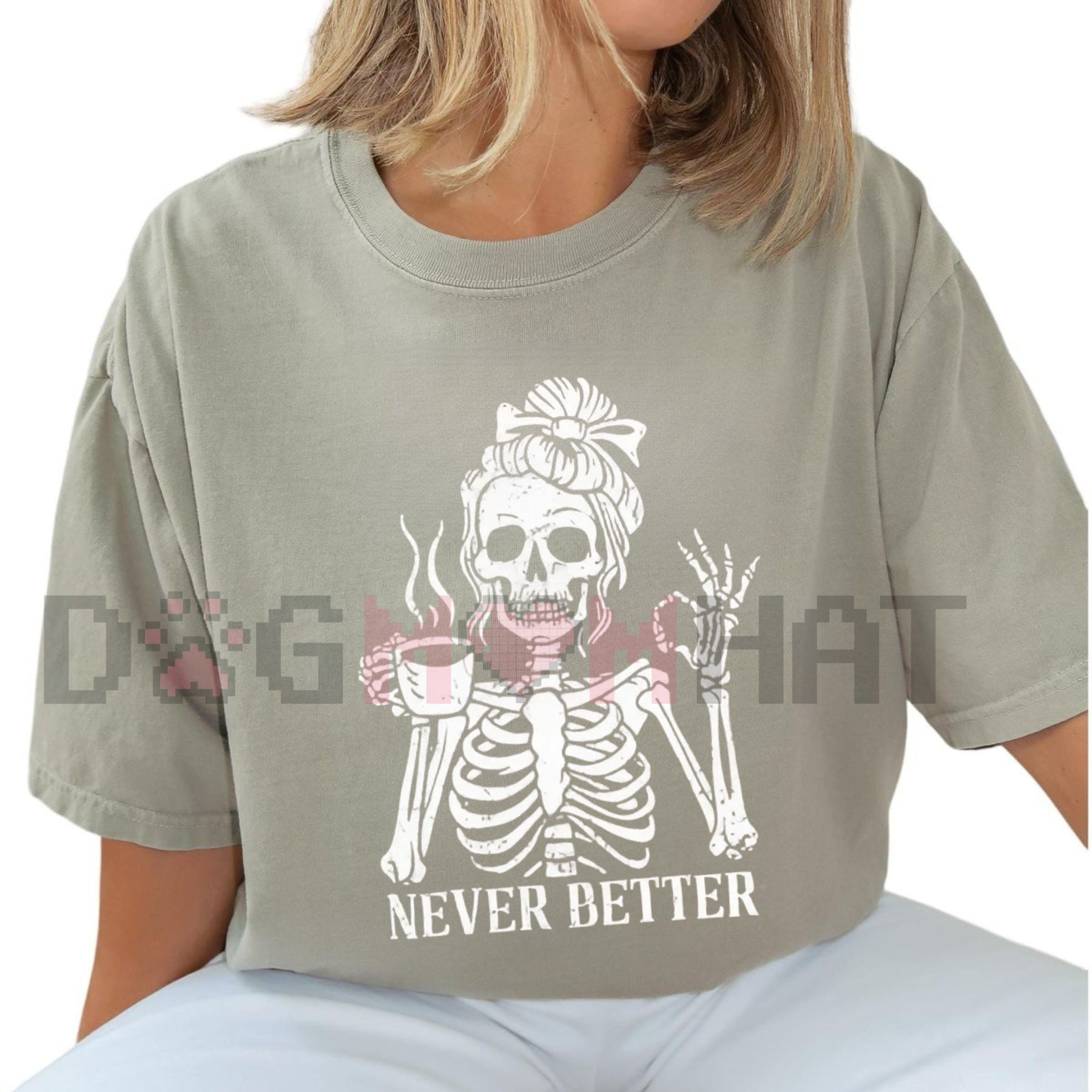 'Never Better' Skeleton Shirt – Halloween Humor Coffee Lover T-shirt, Spooky Fall Essential, Goth Aesthetic Tee - - T-shirt