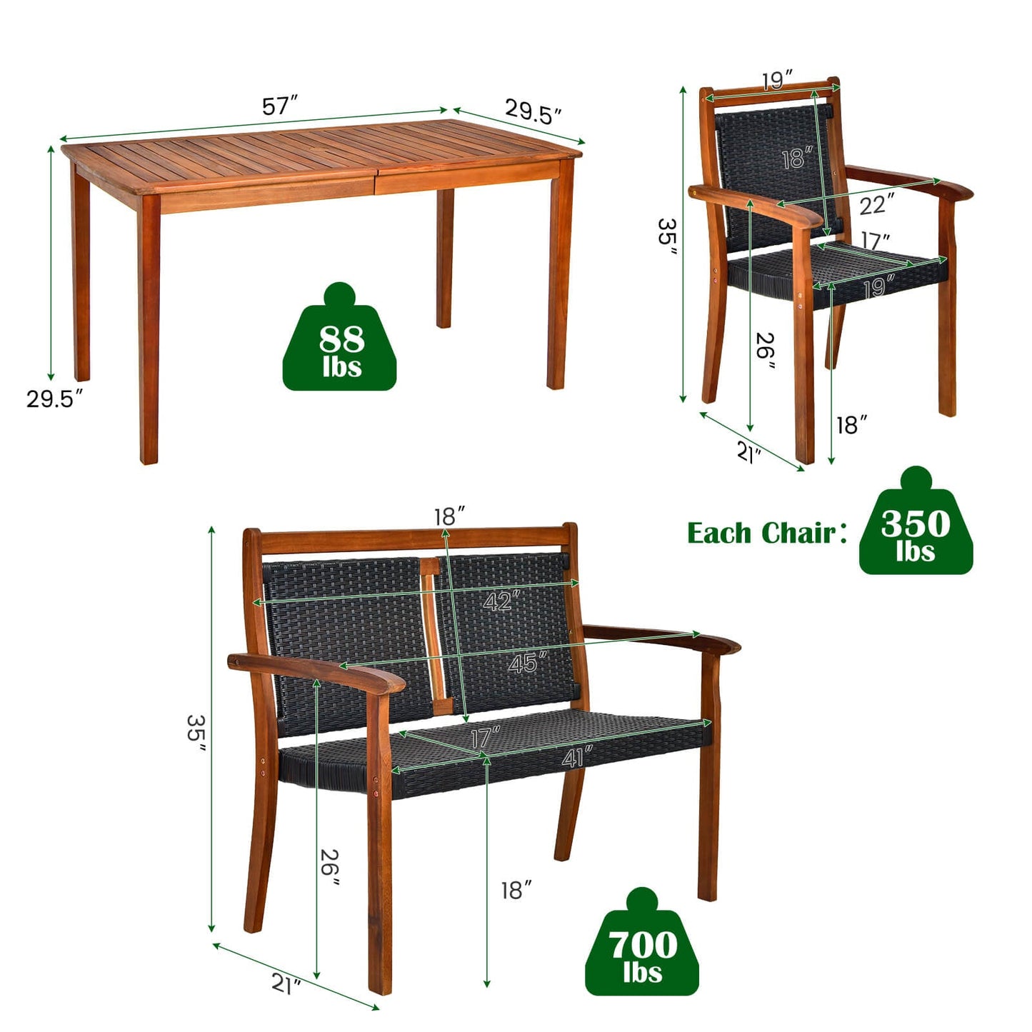 4 Pieces Acacia Wood Patio Rattan Dining Furniture Set- DirectDeals- {{Product type}}