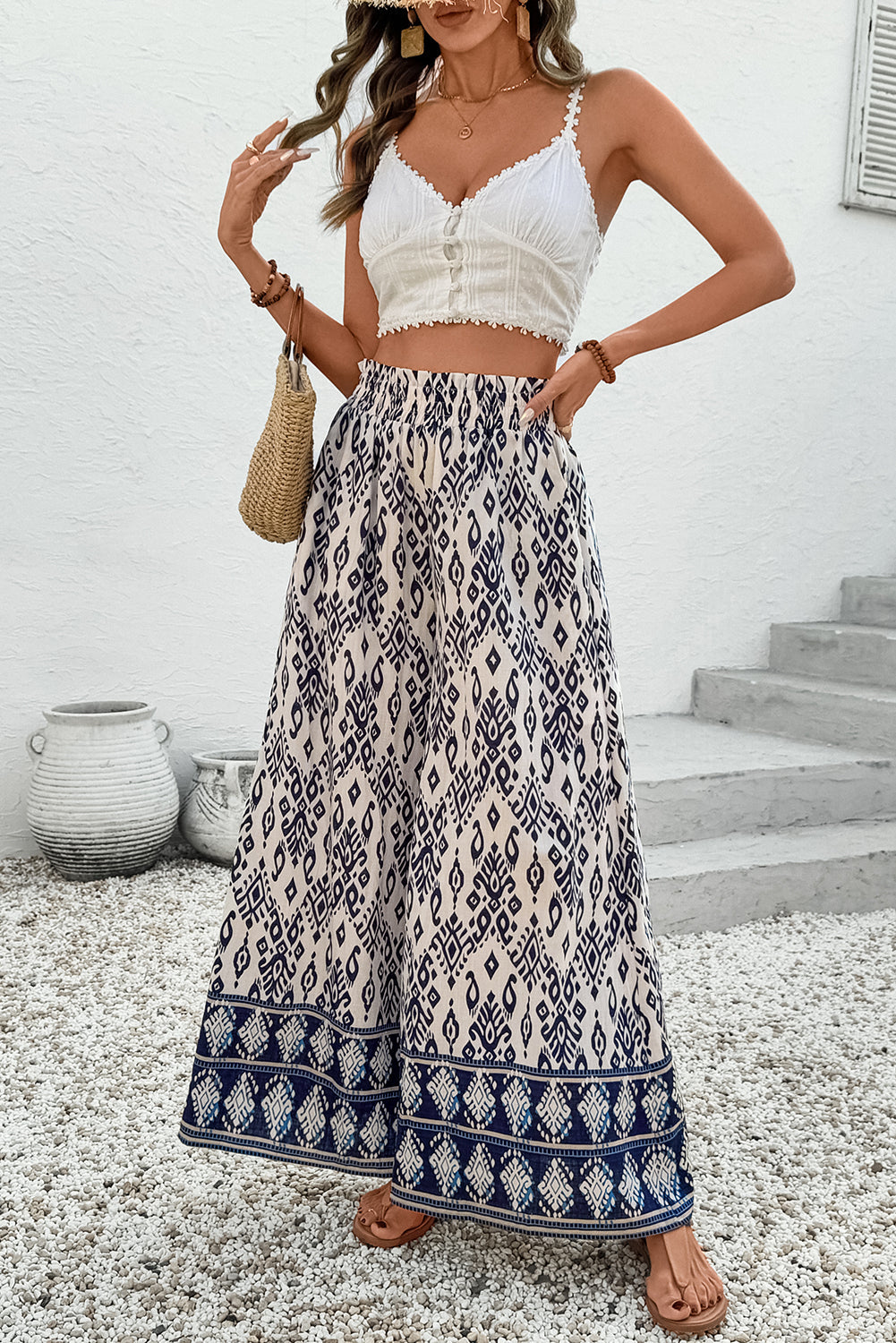 Blue Boho Pattern Print High Waist Wide Leg Loose Pants - - Bottoms/Pants & Culotte