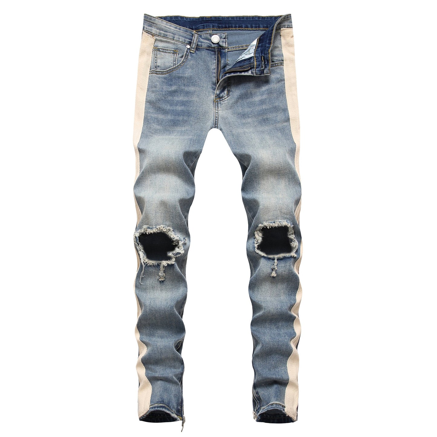 Mens Retro White Striped Ripped Jeans - Blue XL - jeans