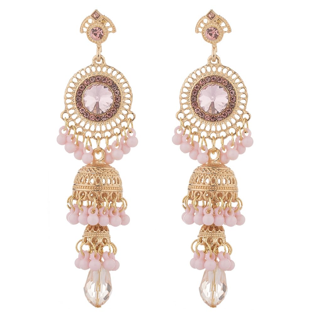 Bohemian Oxidized Jhumki Earrings - Pink -