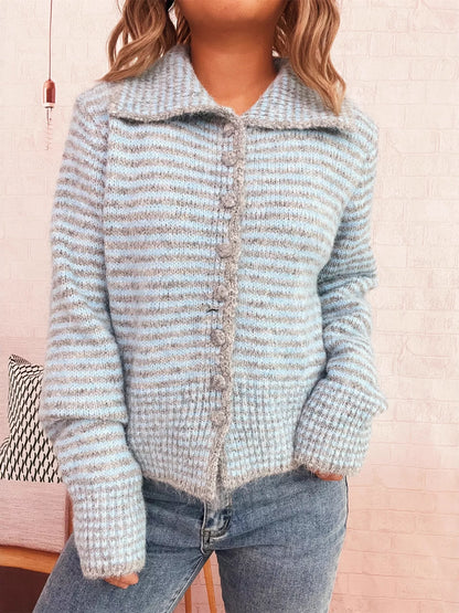 Striped Button-Up Long Sleeve Cardigan - -