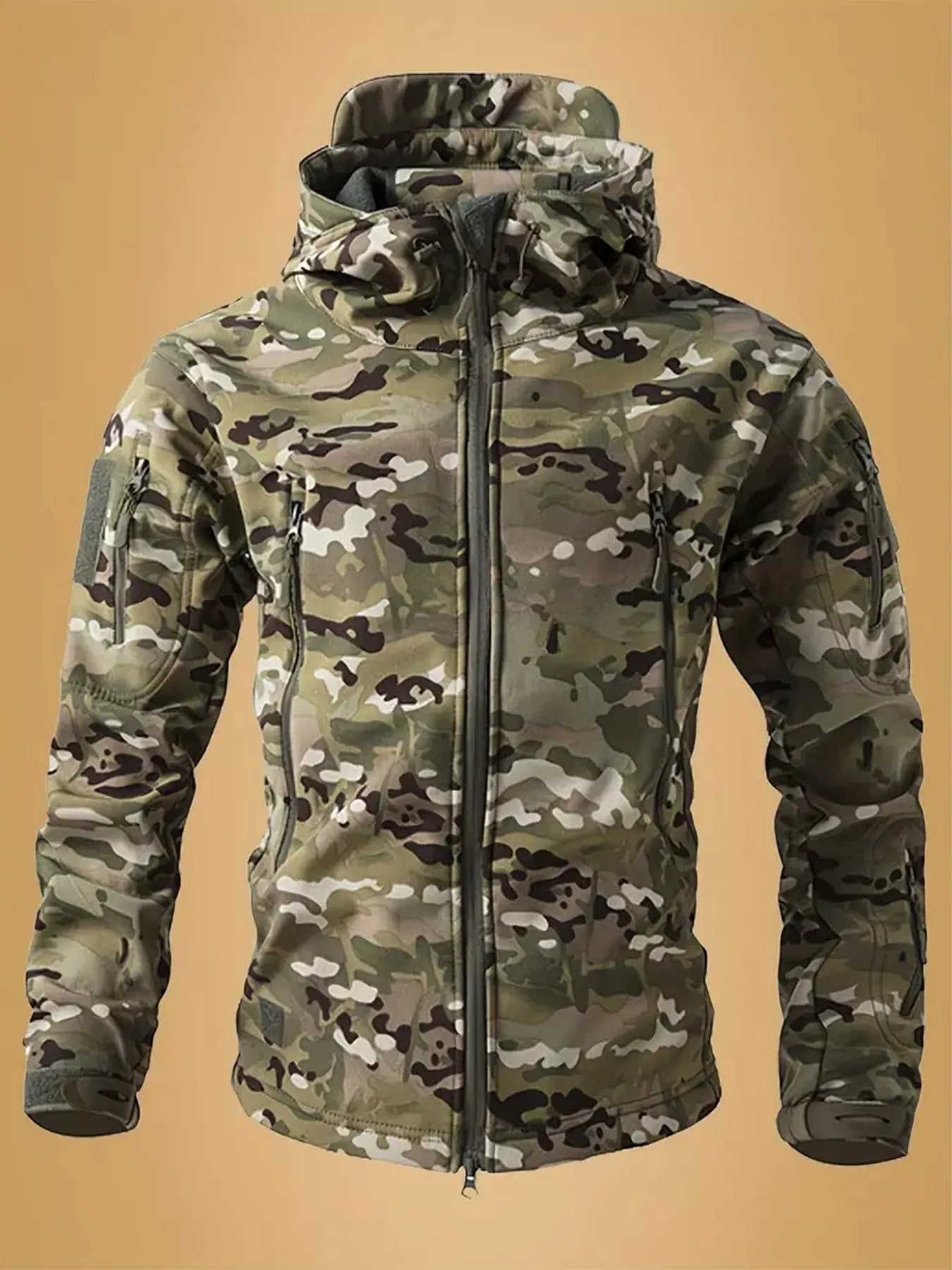 Men's Camouflage Zip Up Hooded Jacket - Khaki -