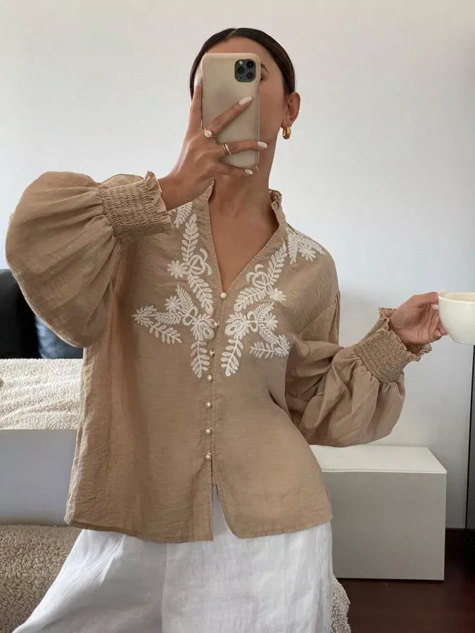 Embroidered Notched Long Sleeve Blouse - -